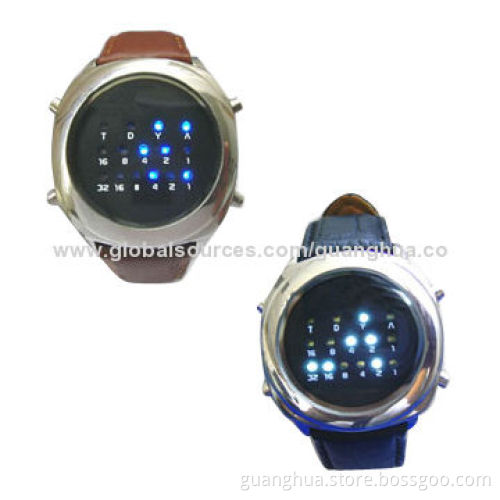 2014 Novelty Design Digital LED Binary Watches with Alarm, Coming, Leather Band